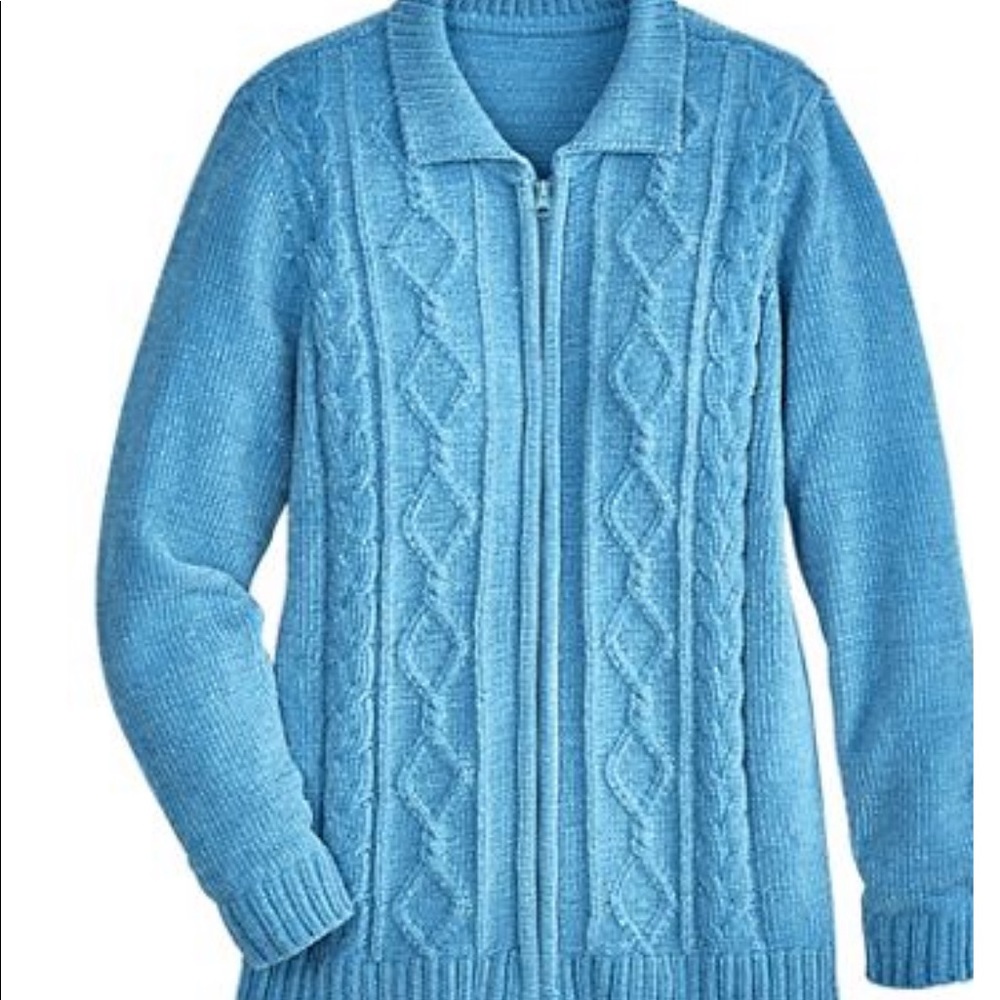 Blue Zip Front Chenille Cardigan Sweater, M, NWOT